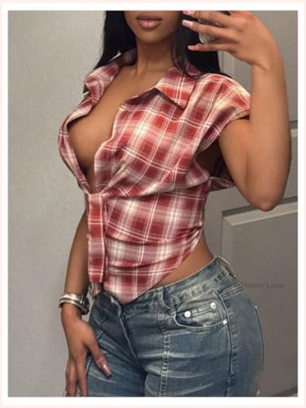 Y2K Deep V Plaid Dolman Sleeve Button Down Crop Top Blouse - Picture 4 of 4